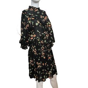By Timo Black Floral Mockneck Ruffle Smocked Tiered Dress Size L